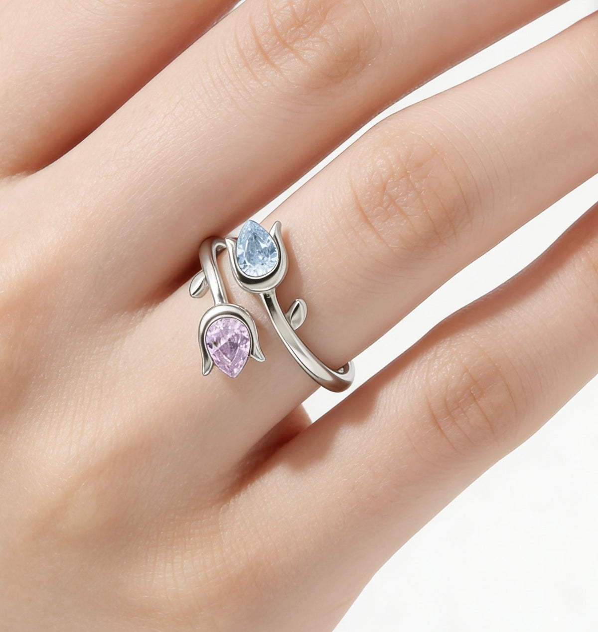 Mother & Daughter Double Birthstone Tulip Ring