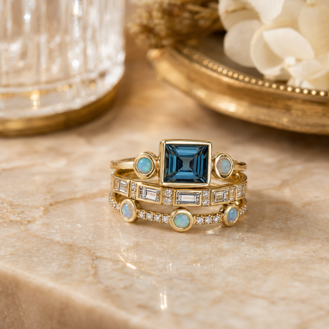 Ocean - Vintage Blue Crystal Ring Set