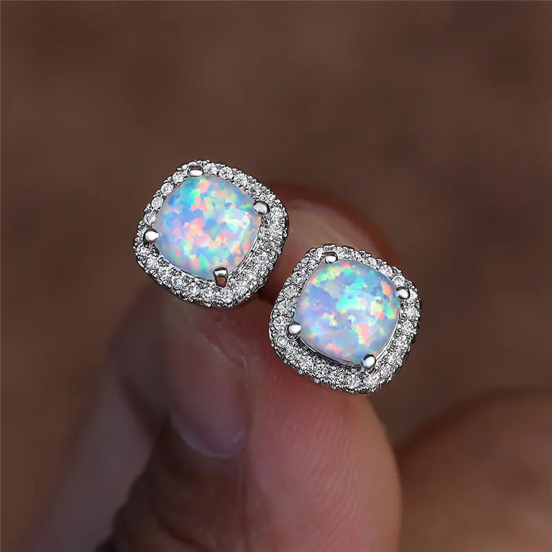Round White Opal Stud Earrings