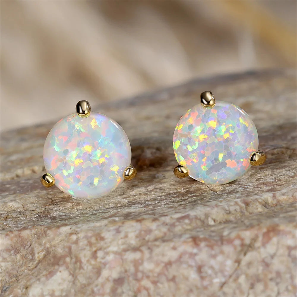 White Opal Round Stud Earrings