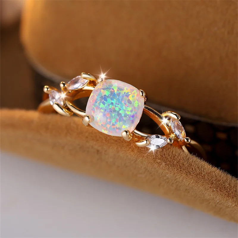 Square Rainbow Opal Leaf Ring