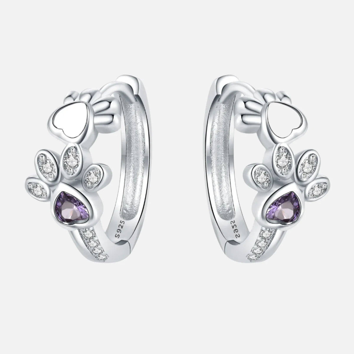 Paw Huggie Earrings in 925 Sterling Silver β With Zirconia and Heart Gem