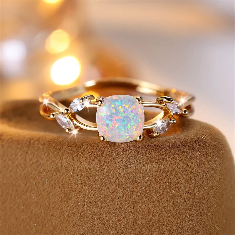 Square Rainbow Opal Leaf Ring