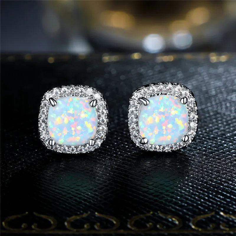 Round White Opal Stud Earrings