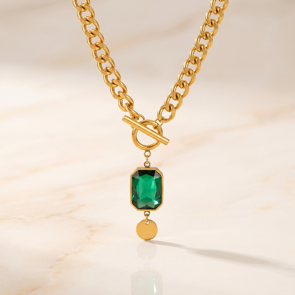 Chunky Chain Emerald Gold Pendant Necklace