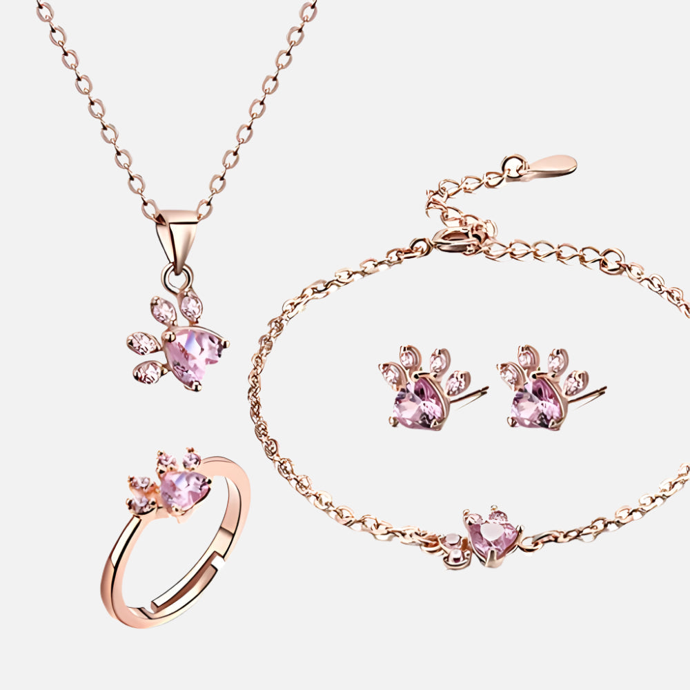 Rose Gold Paw Jewelry Set ā 4 Pieces with Zirconia Heart (Ring, Necklace, Earrings, Bracelet)