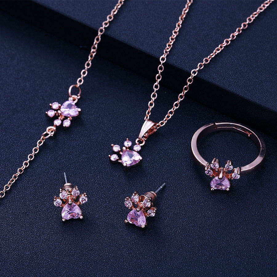 Rose Gold Paw Jewelry Set ā 4 Pieces with Zirconia Heart (Ring, Necklace, Earrings, Bracelet)