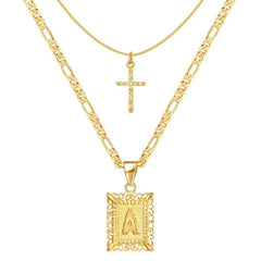 Cross Initial Necklace Set | Gold