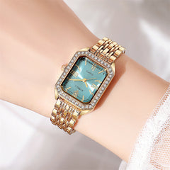 Crystal Bezel Square Gold Watch