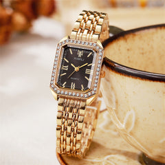 Crystal Bezel Square Gold Watch