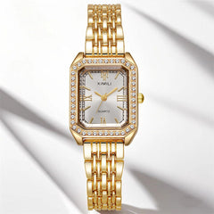 Crystal Bezel Square Gold Watch