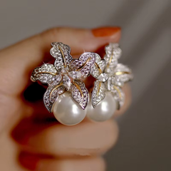 Exquisite Flower Pearl Earrings | White Gold