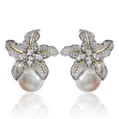 Exquisite Flower Pearl Earrings | White Gold