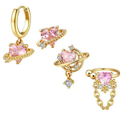 4-Piece Pink Heart Earrings Set
