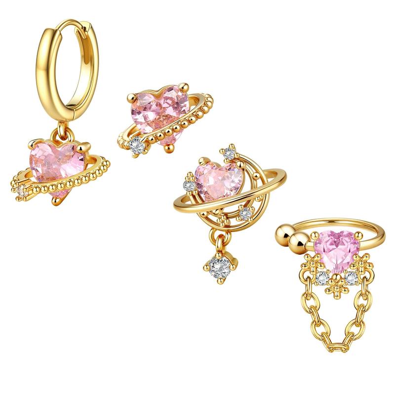 4-Piece Pink Heart Earrings Set