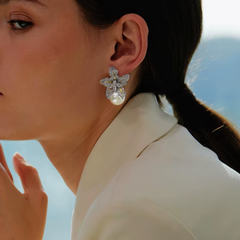 Exquisite Flower Pearl Earrings | White Gold