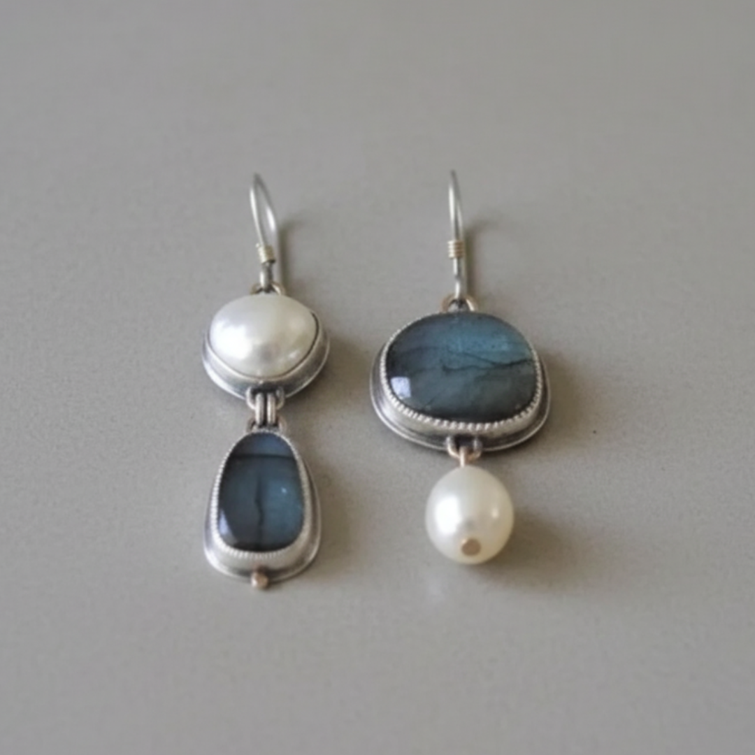 Blue Stone Pearl Drop Earrings