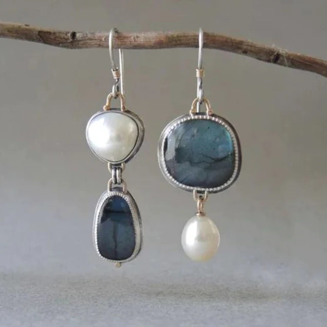Blue Stone Pearl Drop Earrings