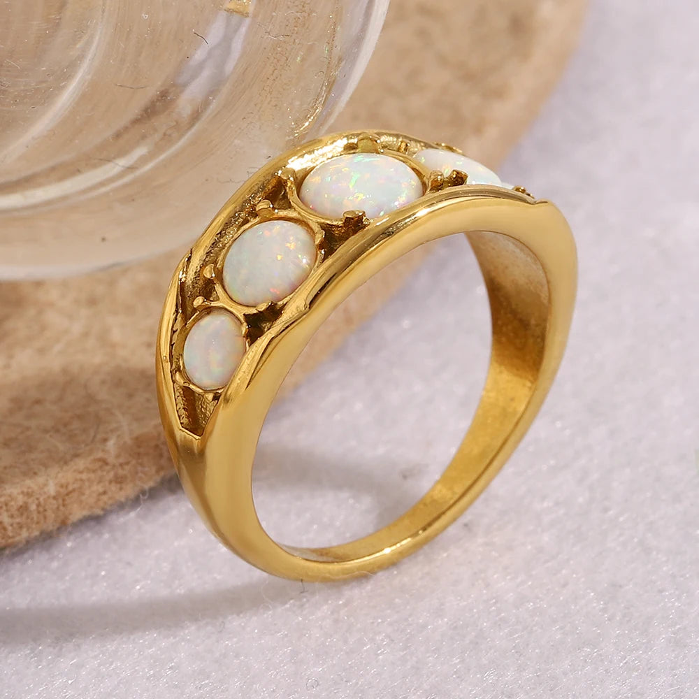Round Opal Stainless Steel Ring