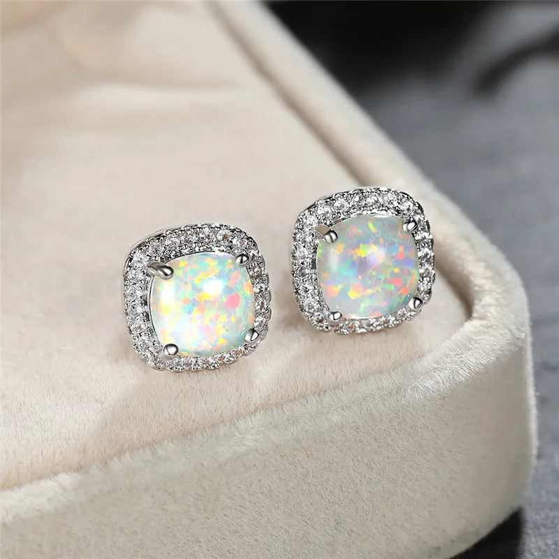 Round White Opal Stud Earrings
