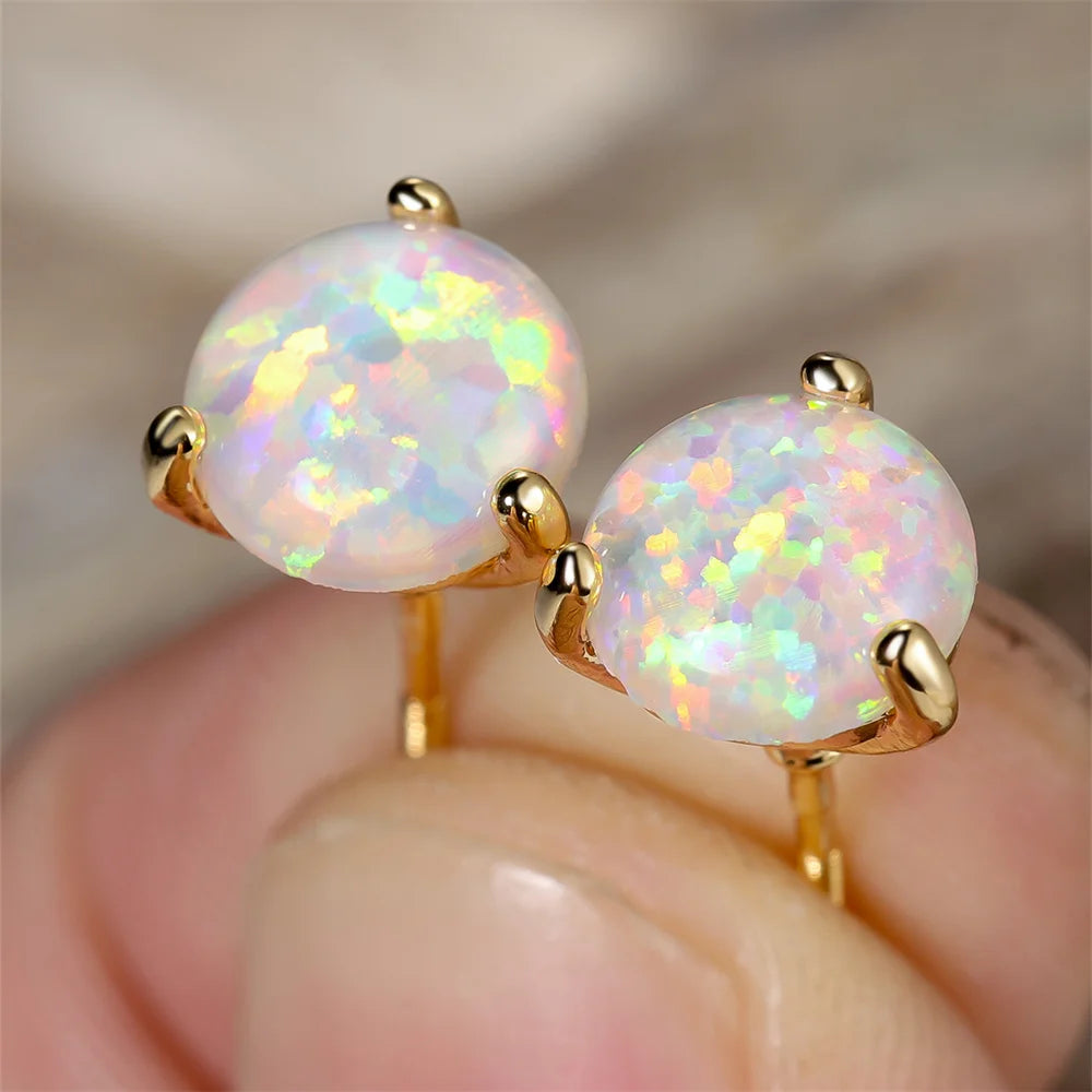 White Opal Round Stud Earrings