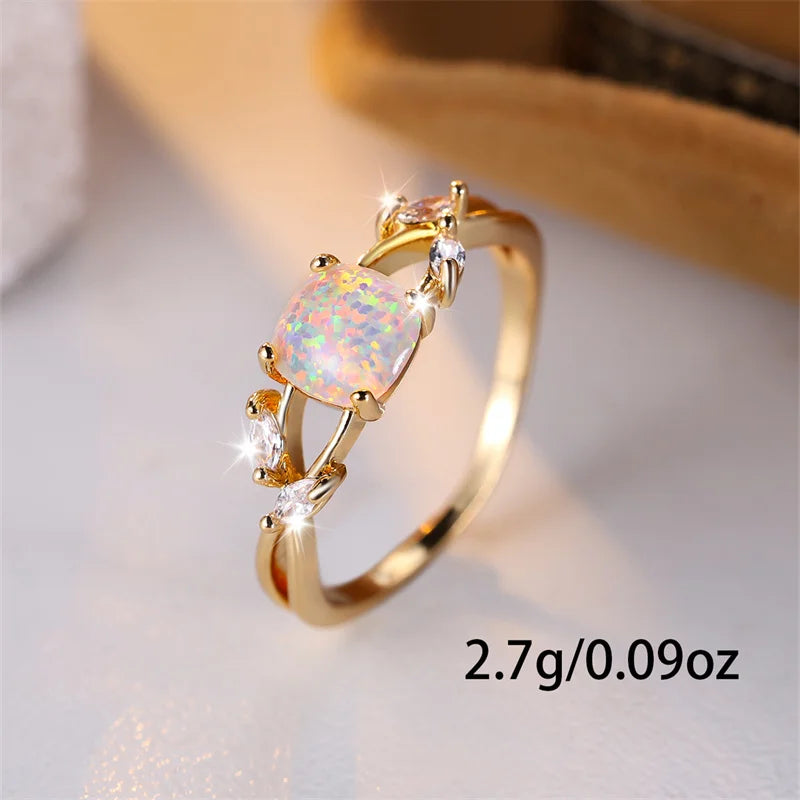 Square Rainbow Opal Leaf Ring