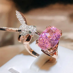 Adjustable Hummingbird Gemstone Ring – Zircon, 14K Gold Plated