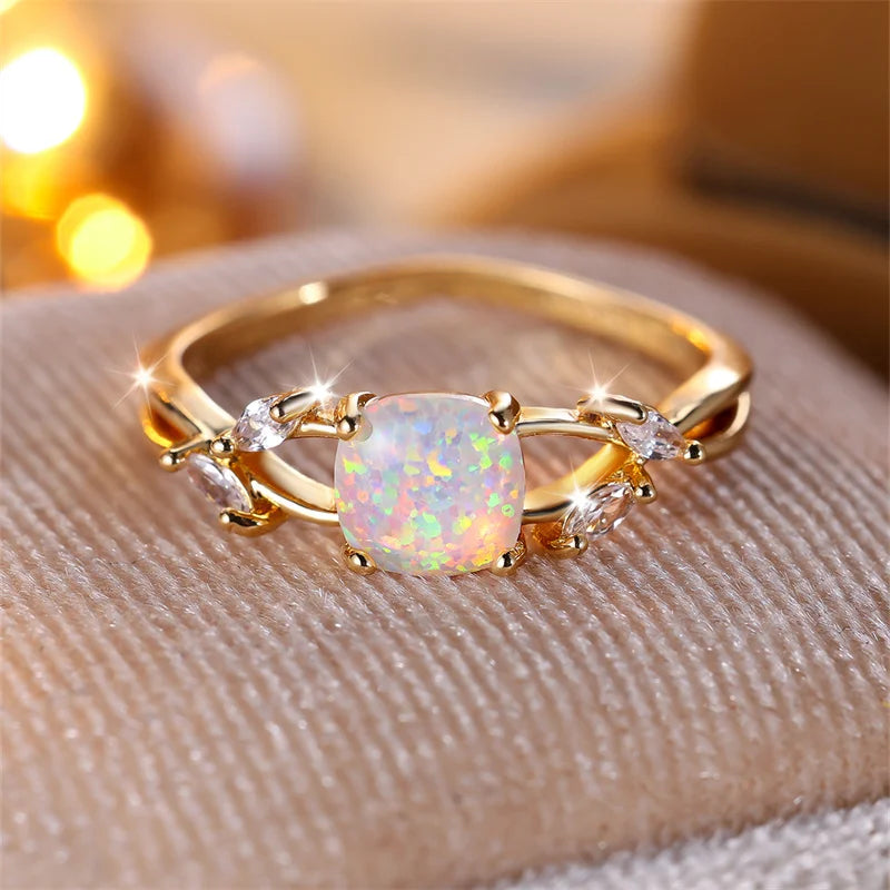 Square Rainbow Opal Leaf Ring