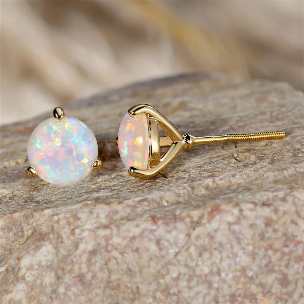 White Opal Round Stud Earrings