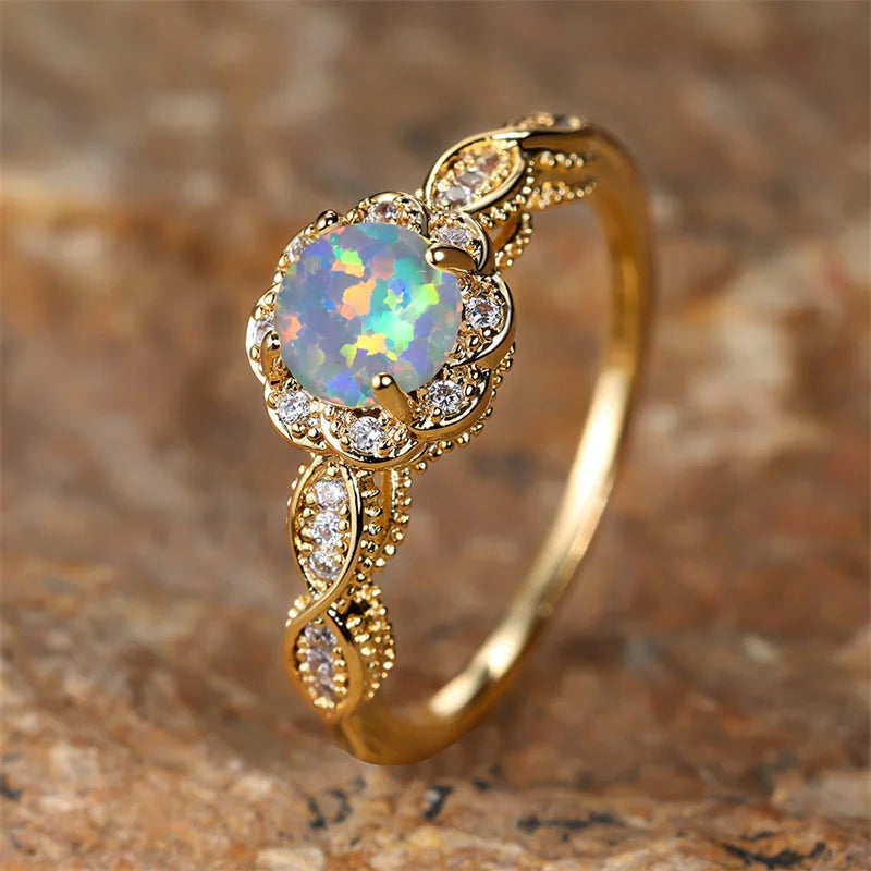 Round White Opal Gold Ring