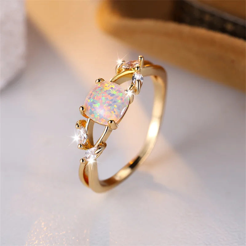 Square Rainbow Opal Leaf Ring