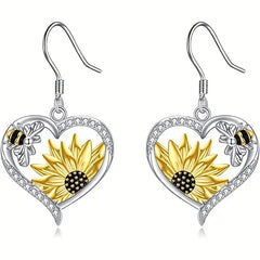 Vintage Boho Sunflower & Bee Heart Dangle Earrings