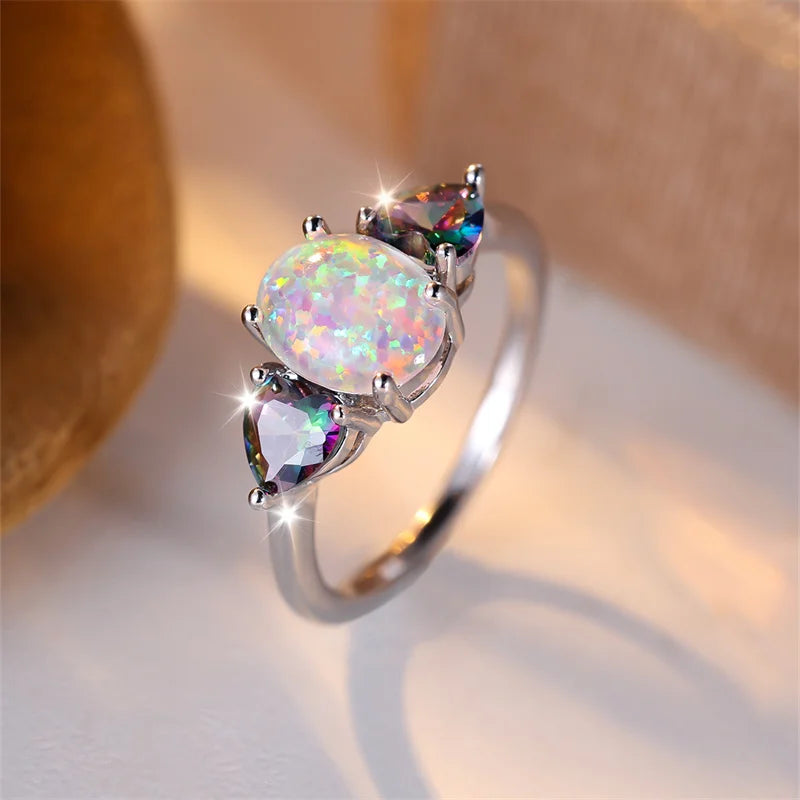 Mystic White Opal Rainbow Ring
