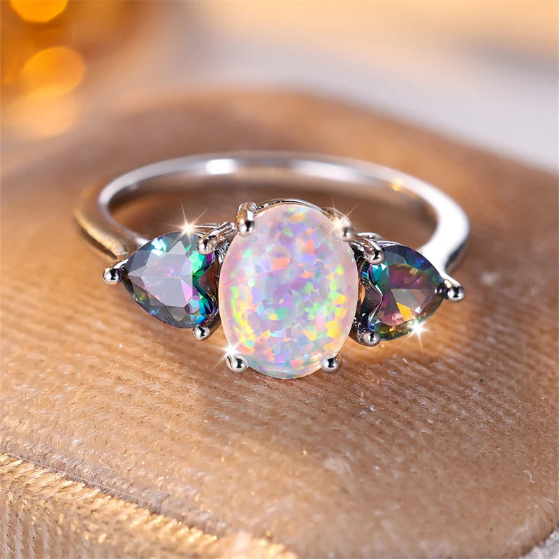 Mystic White Opal Rainbow Ring