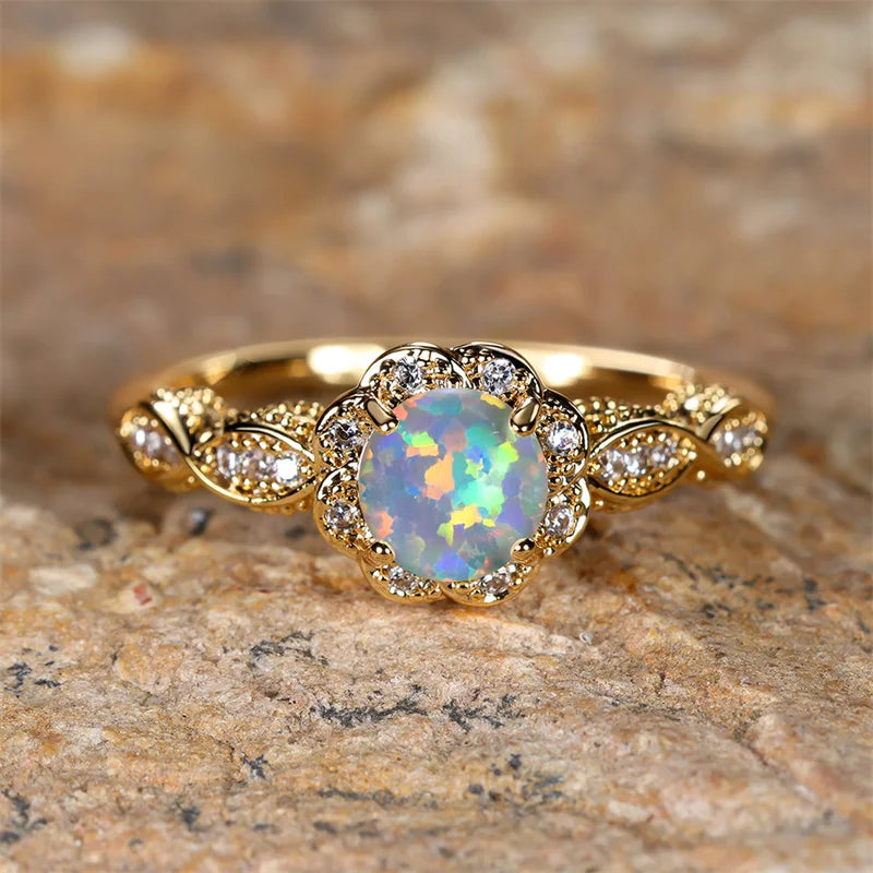 Round White Opal Gold Ring