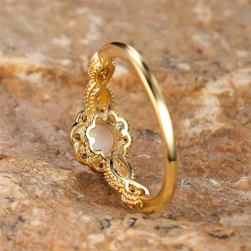 Round White Opal Gold Ring