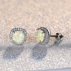 Round White Opal Stud Earrings
