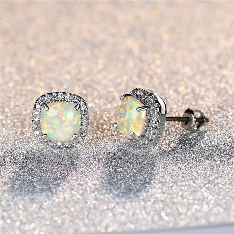 Round White Opal Stud Earrings