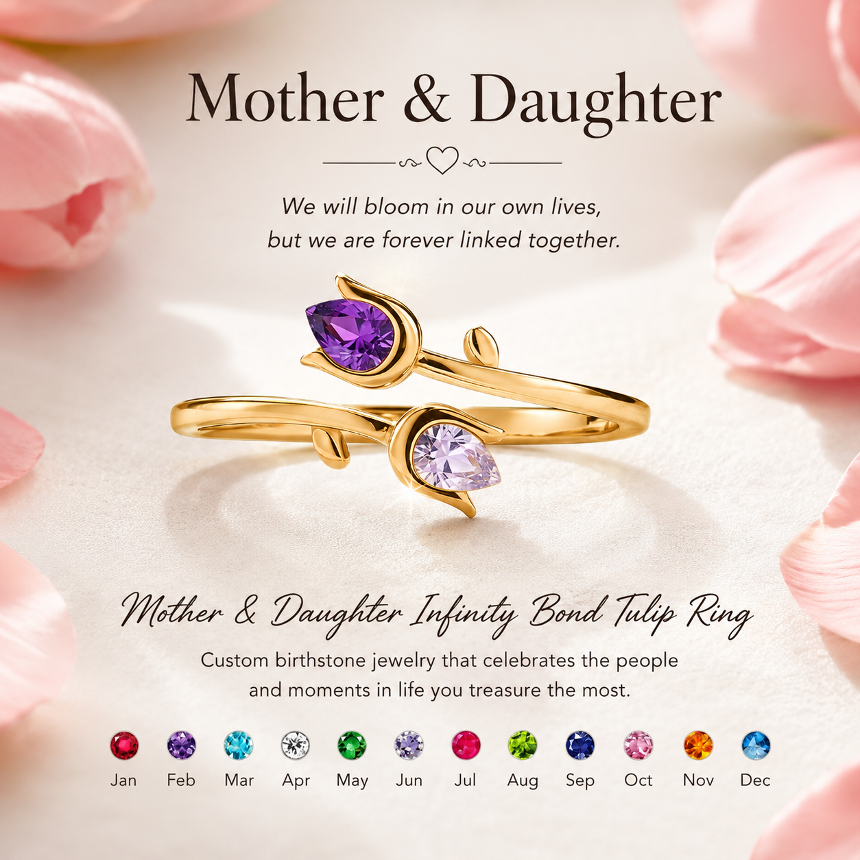 Mother & Daughter Double Birthstone Tulip Ring