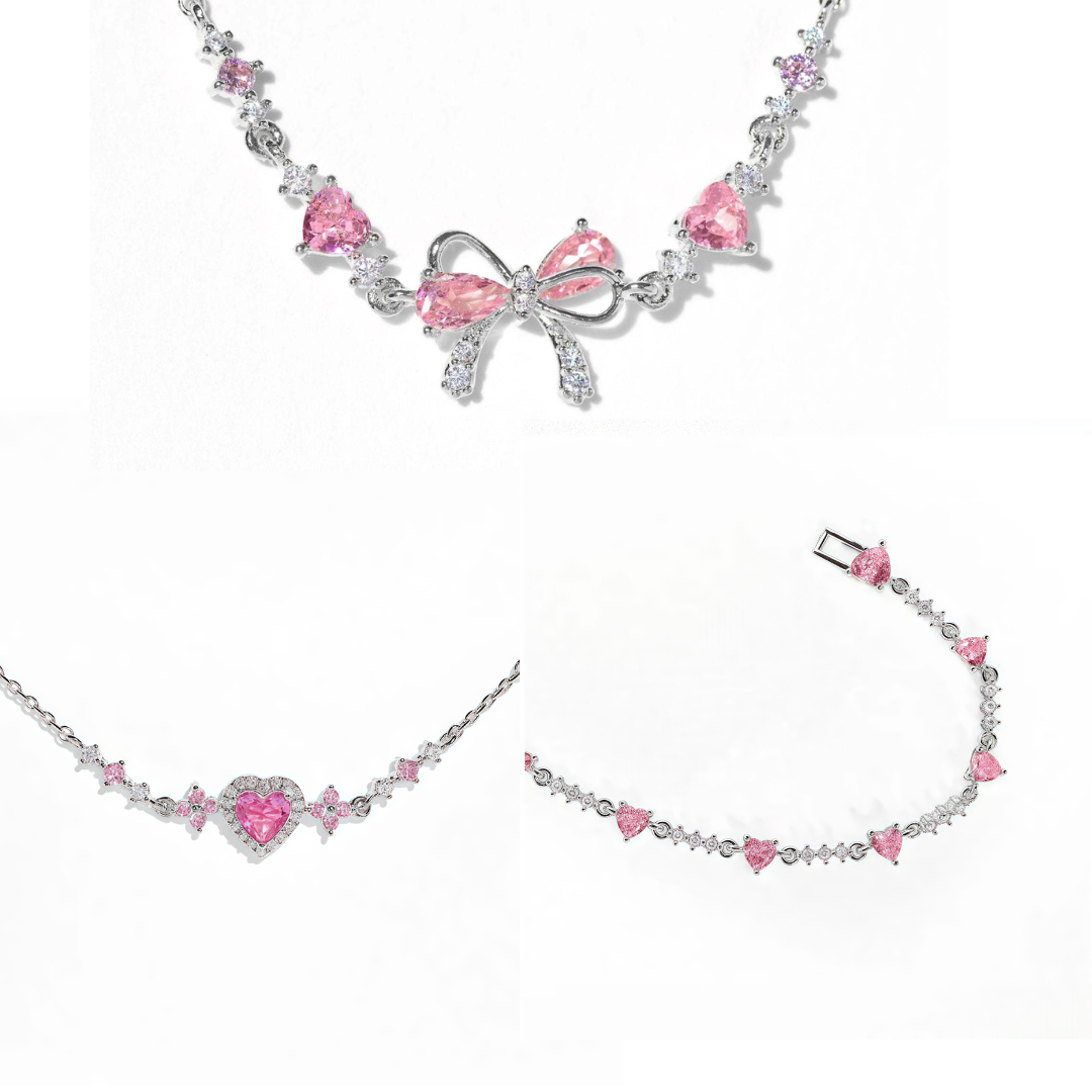 Pink Bow Crystal Stacking Bracelet Set