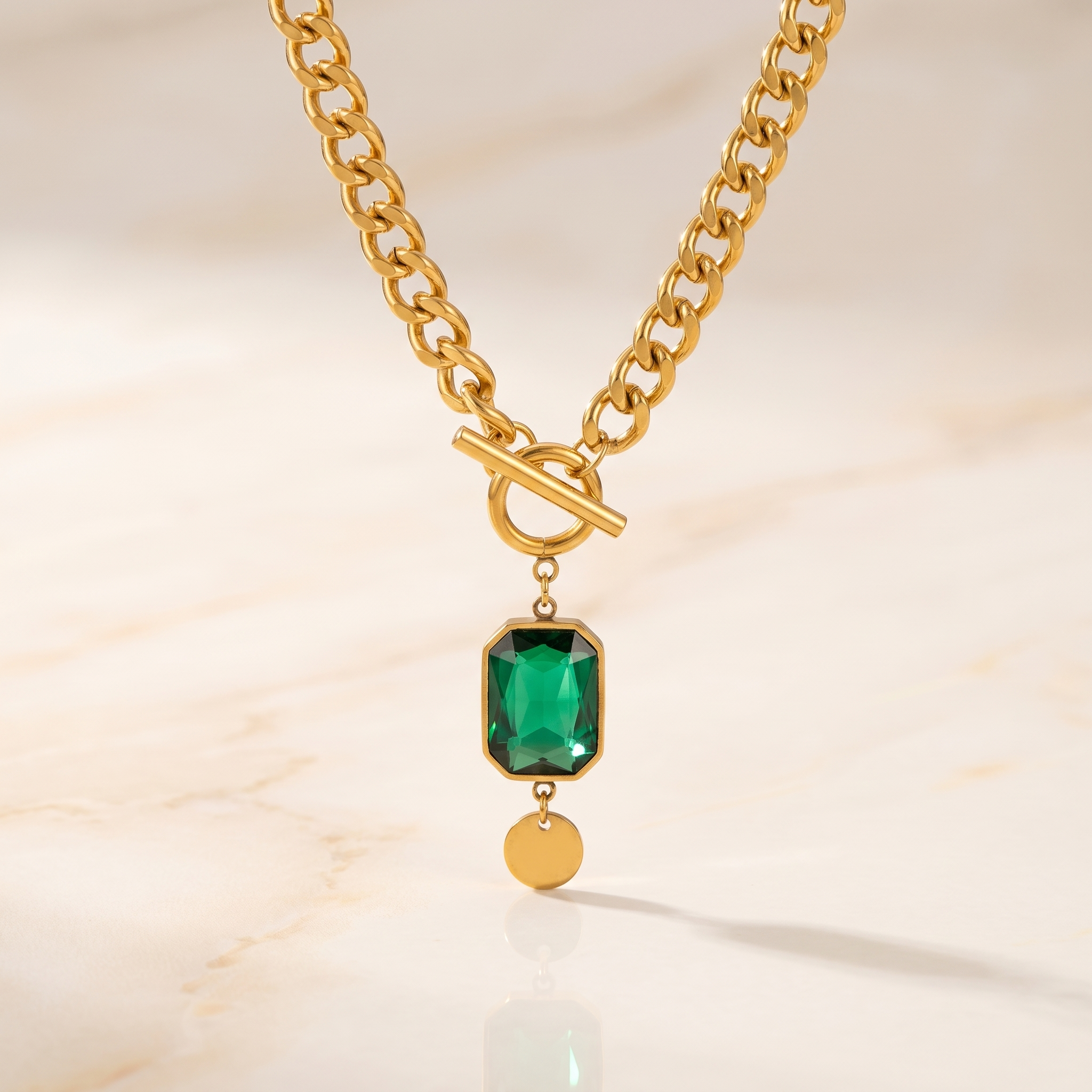 Chunky Chain Emerald Gold  Pendant Necklace