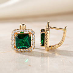 Golden Green Square Zirconia Gold Earrings
