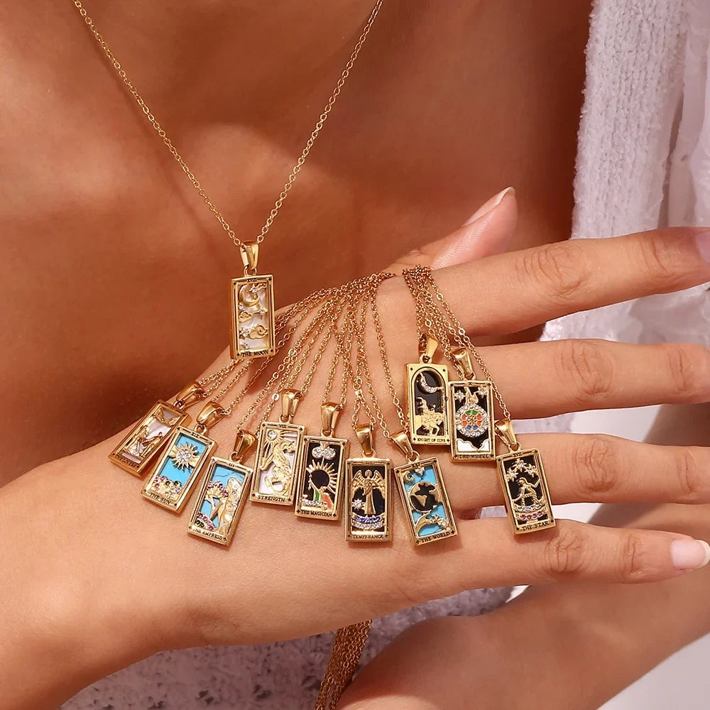 The World - Tarot Card 18k Dainty Necklace with Blue Enamel