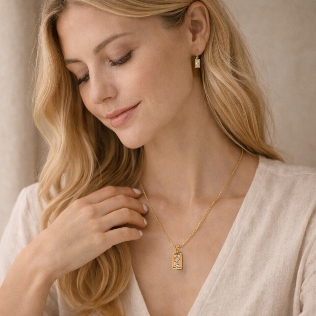 The Moon - Tarot card Dainty 18k Necklace with Silver Enamel