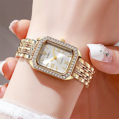 Crystal Bezel Square Gold Watch