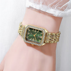 Crystal Bezel Square Gold Watch