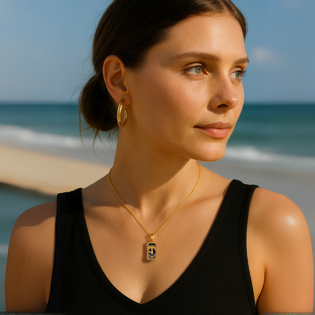 Temperance - Tarot card Dainty  18k Necklace with Black Enamel